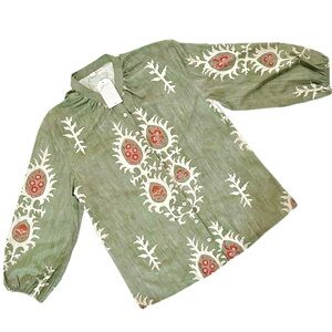 Asian Floral Print Top Womens L Fits M Green Peasant Balloon Sleeve Mandarin NWT